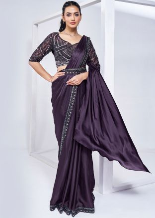 Pre-Stitched Purple Embroidered Border Satin Saree