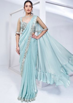 Pre-Stitched Cape Style Aqua Blue Embroidered Satin Saree