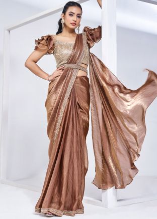 Brown Pre-Stitched Embroidered Border Saree