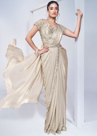Off White Handwork Pre-Stitched Satin Saree
