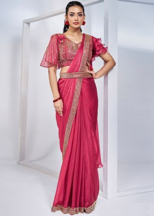 Pink Pre-Stitched Saree In Handwork Embroidery