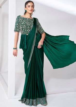Green Pre-Stitched Handwork Embroidered Saree