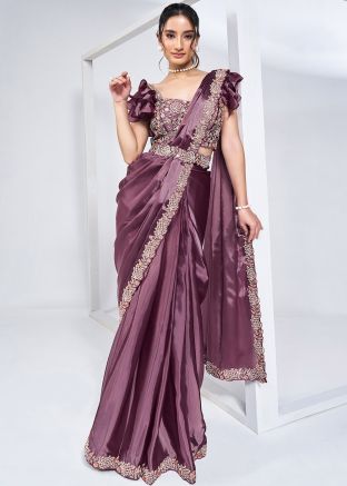 Lavender Purple Embroidered Pre-Stitched Saree