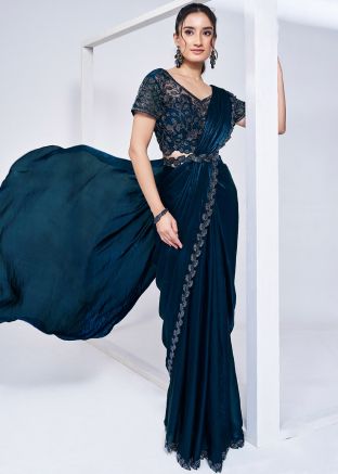 Teal Blue Embroidered Pre-Stitched Saree With Blouse