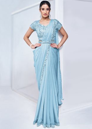 Sky Blue Embellished Pre-Stitched Saree In Satin