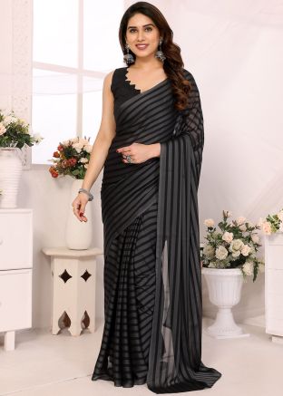 Black Stripe Print Saree In Georgette