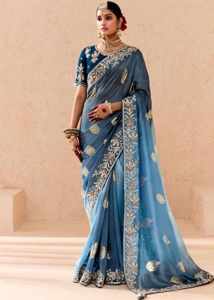 Shaded Blue Embroidered Tussar Silk Saree
