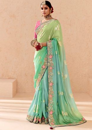 Shaded Green Zari Woven Tussar Silk Saree