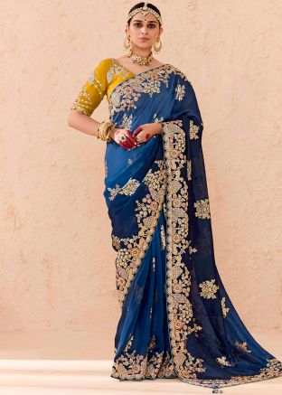 Shaded Blue Zari Woven Saree In Tussar Silk