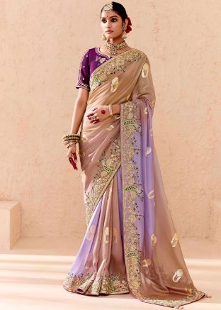 Shaded Beige & Purple Saree In Zari Woven