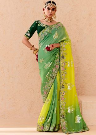 Shaded Green & Yellow Saree In Zari Woven