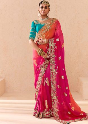 Shaded Orange & Pink Zari Woven Saree