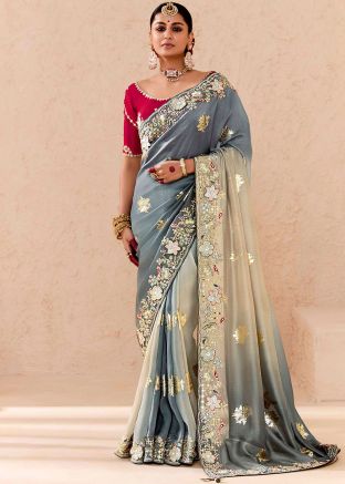 Shaded Grey & Cream Embroidered Saree