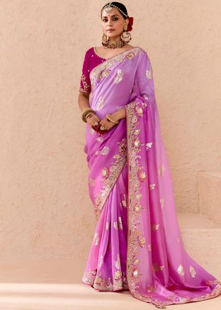 Shaded Pink Tussar Silk Embroidered Saree