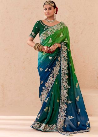 Shaded Green & Blue Tussar Silk Embroidered Saree