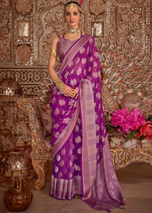 Purple Zari Woven Work Georgette Saree