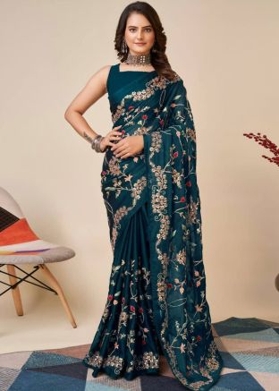 Teal Blue Embroidered Art Silk Saree