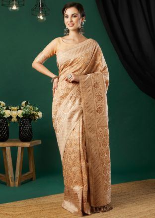 Brown Linen Saree In Zari Woven Work