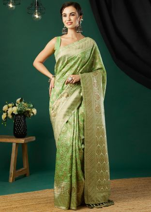 Green Zari Woven Saree In Linen