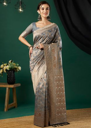 Grey Zari Woven Saree In Linen