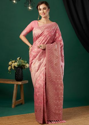 Pink Zari Woven Saree In Linen