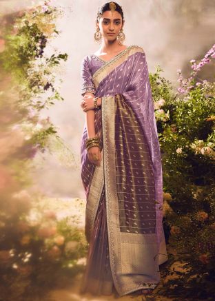 Purple Embroidered Saree In Tissue Silk