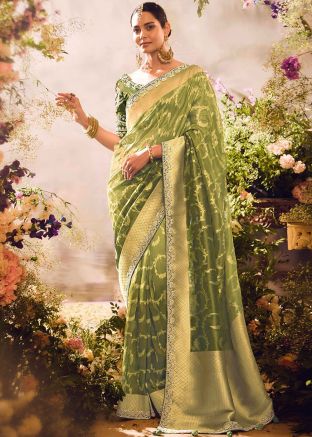 Green Sequins Embroidered Saree In Tissue Silk