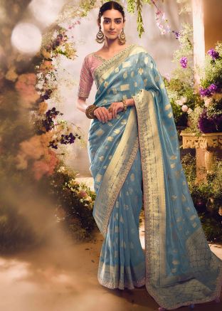 Blue Embroidered Saree In Tissue Silk
