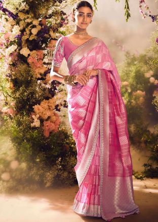 Pink Zari Woven Saree In Tissue Silk