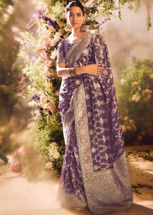 Purple Embroidered Saree In Tissue Silk