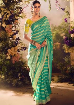 Green Sequins Embroidered Saree In Tissue Silk