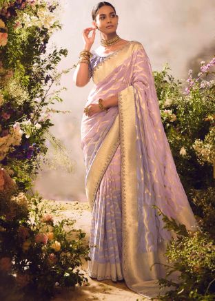 Purple Embroidered Saree In Tissue Silk