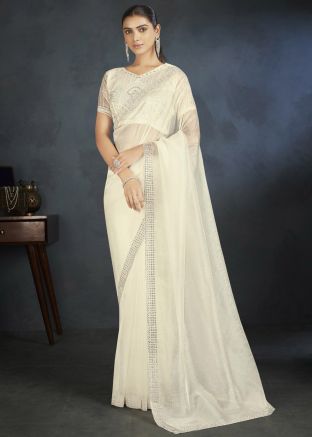 Off-White Embroidered Saree In Organza
