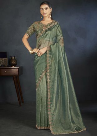 Green Embroidered Saree In Organza