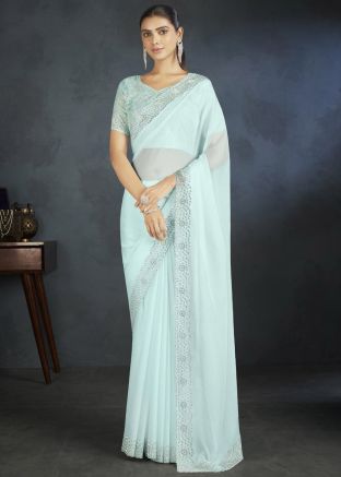 Blue Embroidered Saree In Organza