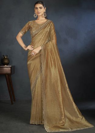 Brown Embroidered Saree In Organza