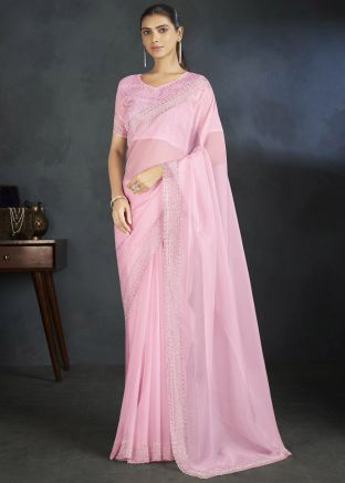 Pink Embroidered Saree In Organza