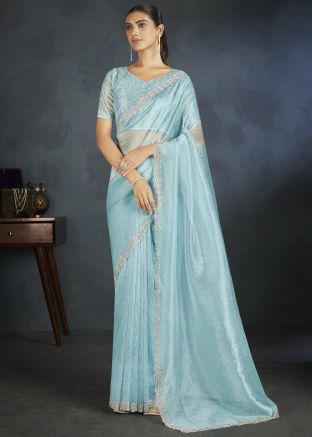 Blue Embroidered Saree In Organza