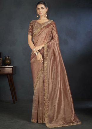 Brown Embroidered Saree In Organza