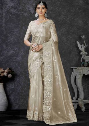 Beige Embroidered Saree In Tissue