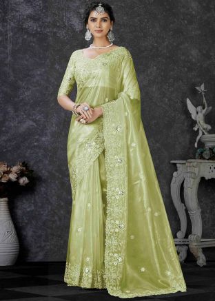 Green Sequin Embroidered Saree In Organza