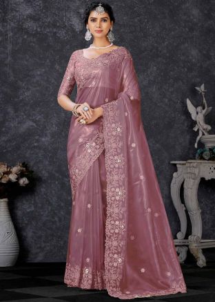 Mauve Pink Embroidered Saree