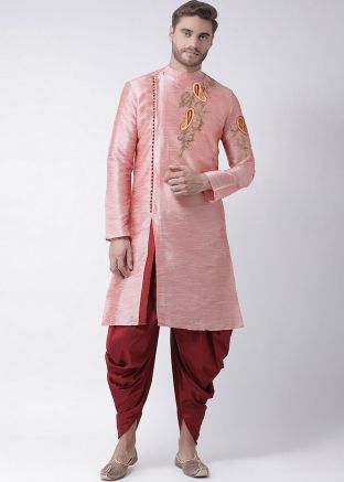 Peach Readymade Angrakha Style Slit Kurta With Dhoti