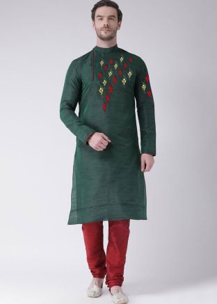 Readymade Green Kurta Churidar Set In Dupion Silk