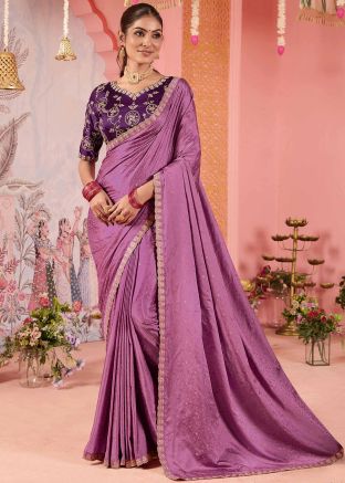 Pink Embroidered Saree In Art Silk