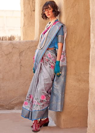 Grey Georgette Saree In Digital Print
