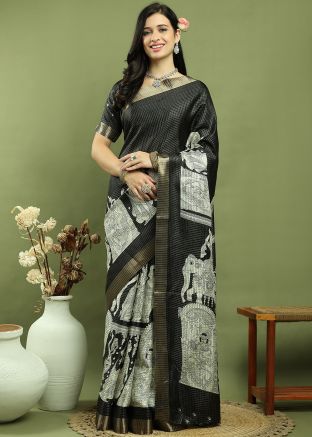 Black Zari Woven Saree In Art Silk