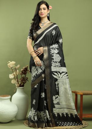 Black Art Silk Saree In Woven Work