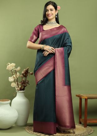 Teal Green Zari Woven Saree In Art Silk