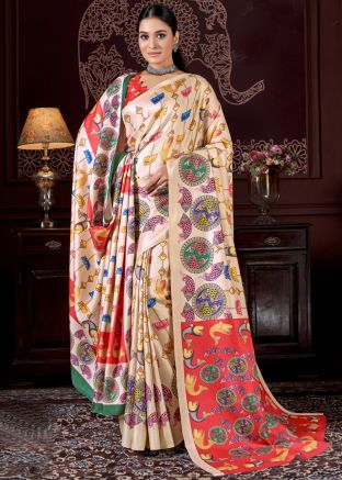 Multicolor Digital Printed Saree In Pashmina
